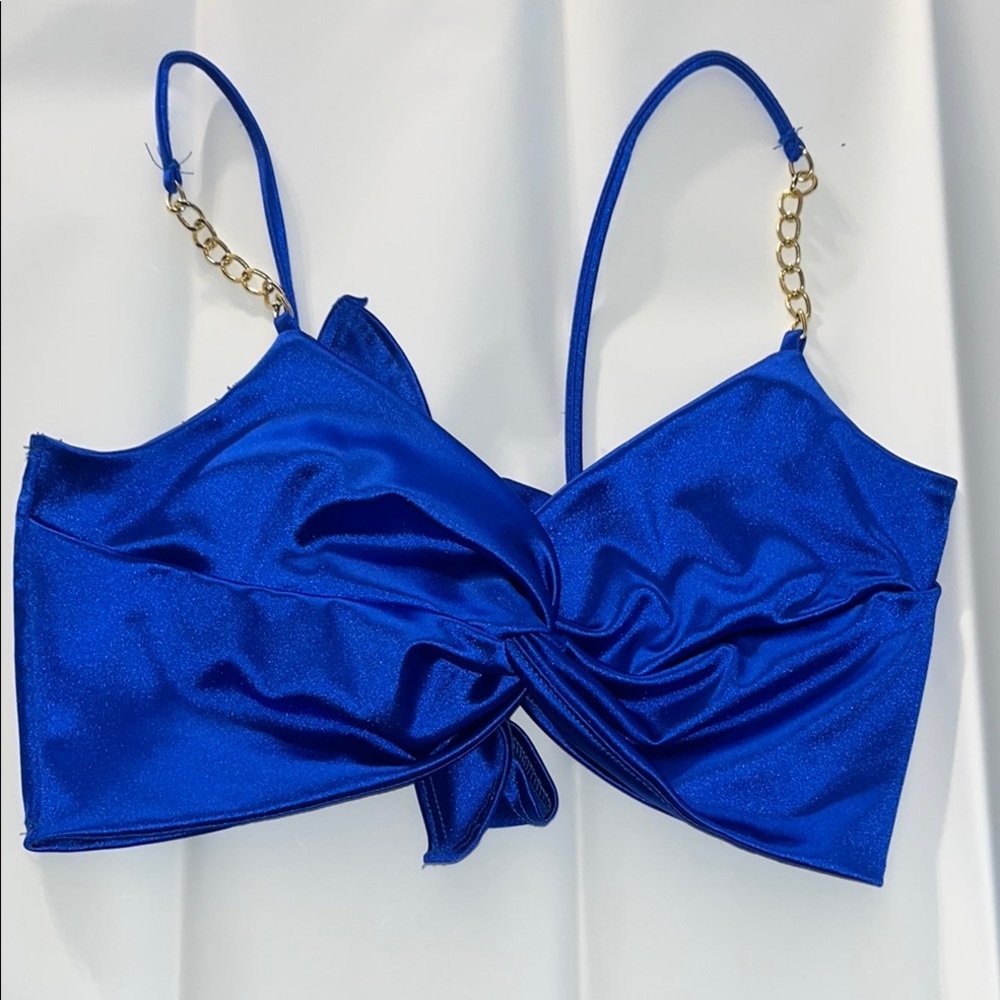 Blue Satin Crop Top with Chain Straps